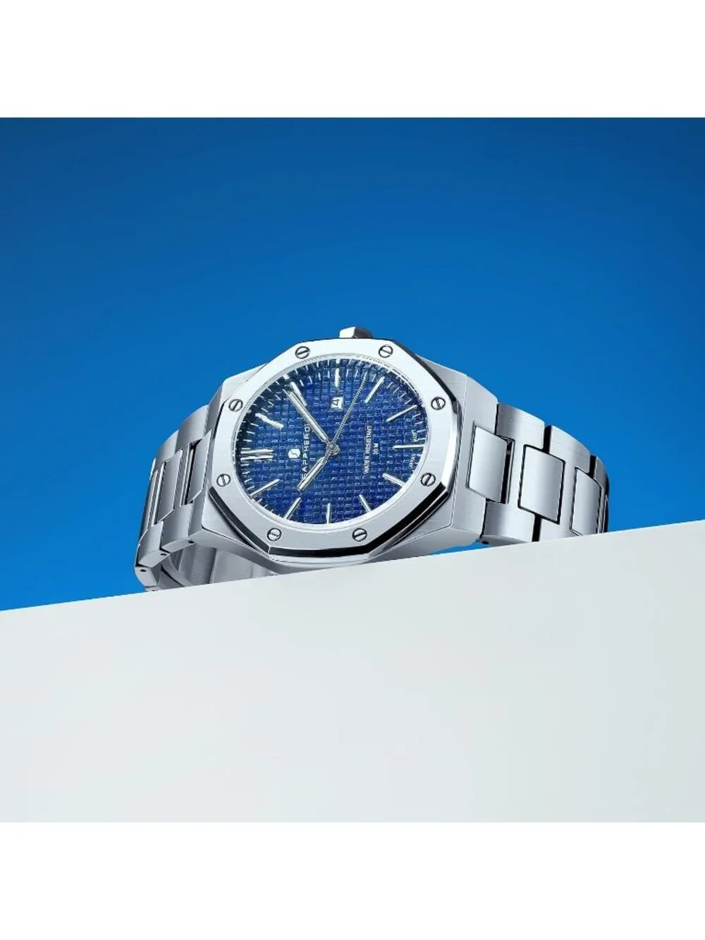 Men's Sliver Strap Blue Face Stainless Steel Octagonal Date Quartz Wrist Watch